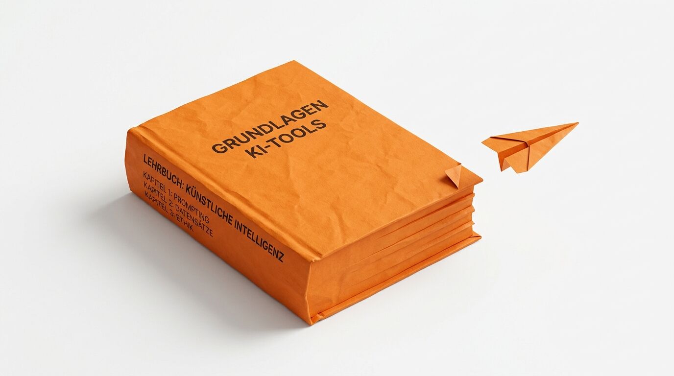 Ein oranges KI-Lehrbuch und ein Papierflieger auf weißem Grund