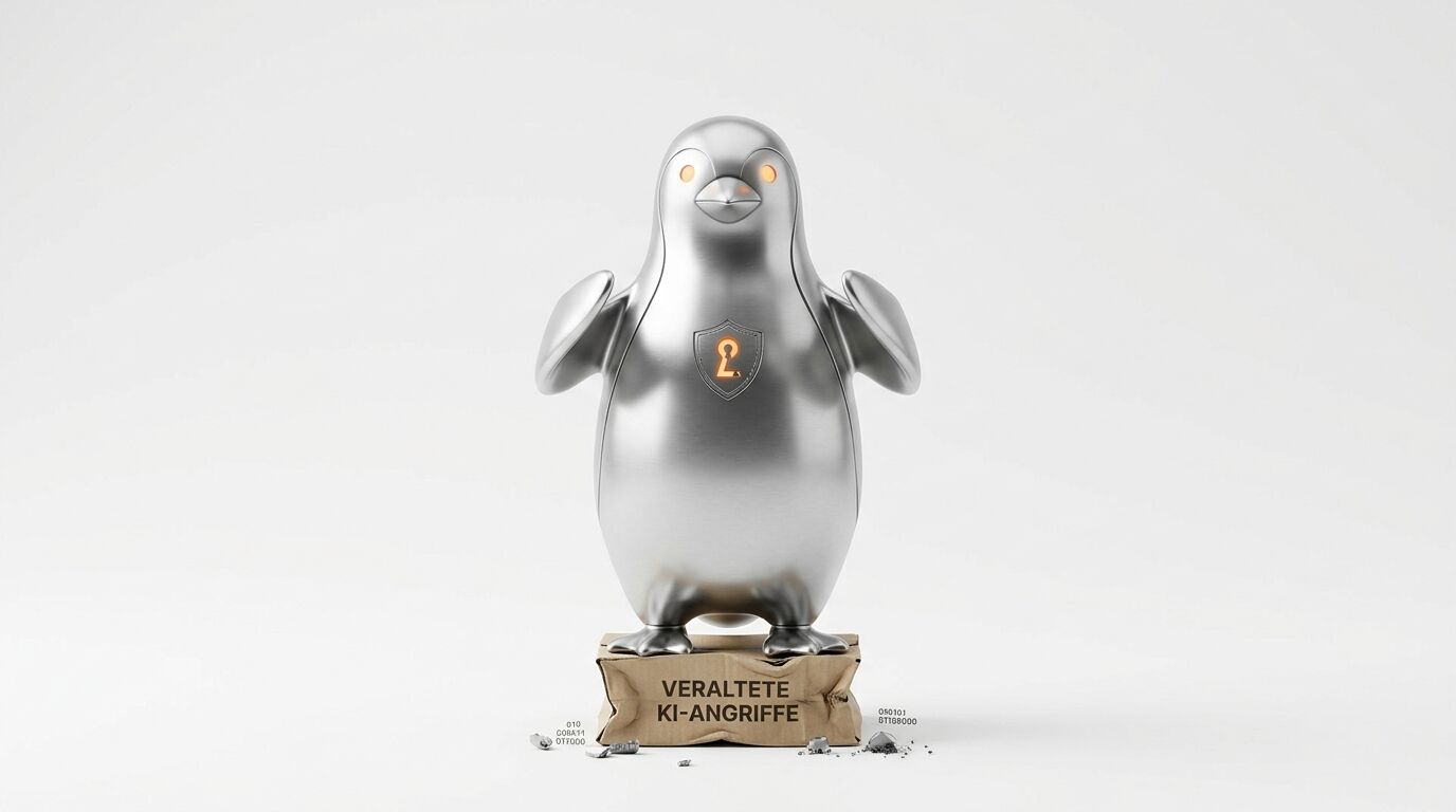 Metall-Pinguin auf Paket mit Text 