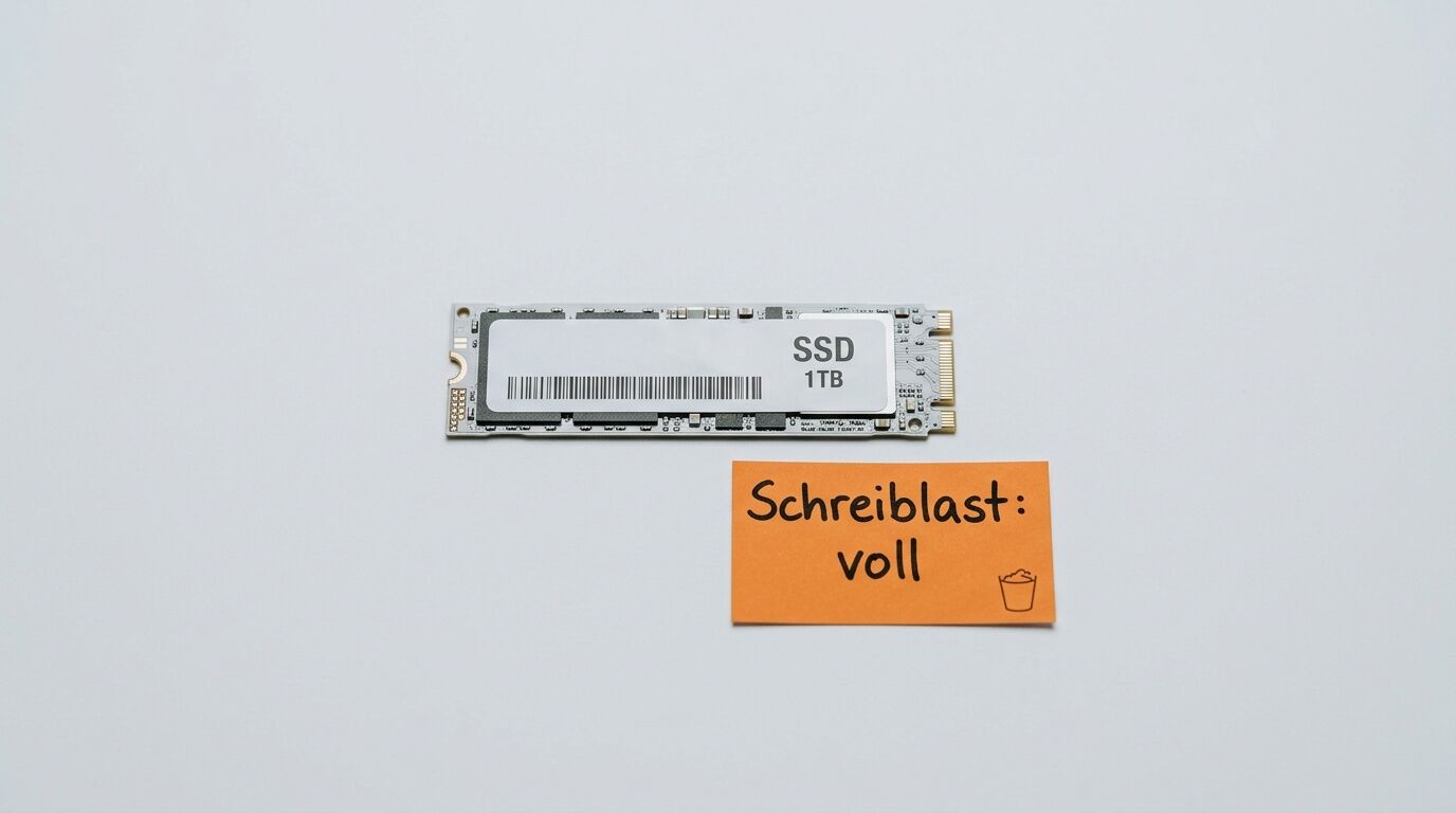 M.2-SSD-Modul (1TB) und orangefarbener Klebezettel mit der Aufschrift „Schreiblast: voll“