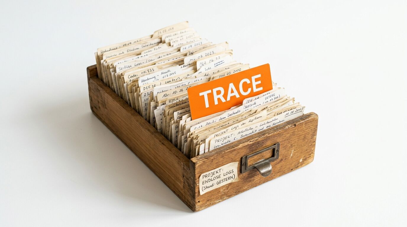 Holzkasten mit Karteikarten und orangefarbenem Trenner „TRACE“ auf Weiß