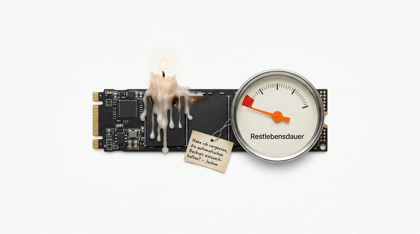 Eine SSD mit brennender Wachskerze und Restlebensdauer-Anzeige, dazu ein Zettel