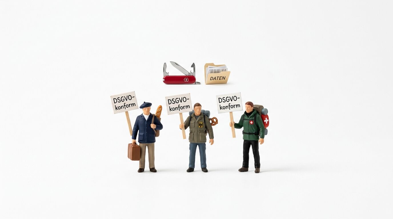 Miniaturfiguren mit „DSGVO-konform“-Schildern, Sackmesser und Aktenordner „DATEN“