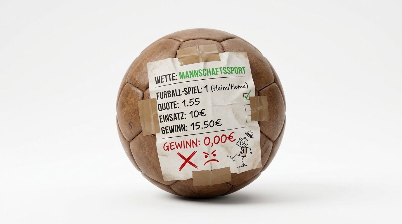 Alter Lederball mit Wettschein, rotes Kreuz, wütendes Emoji und Strichmännchen-Zeichnung
