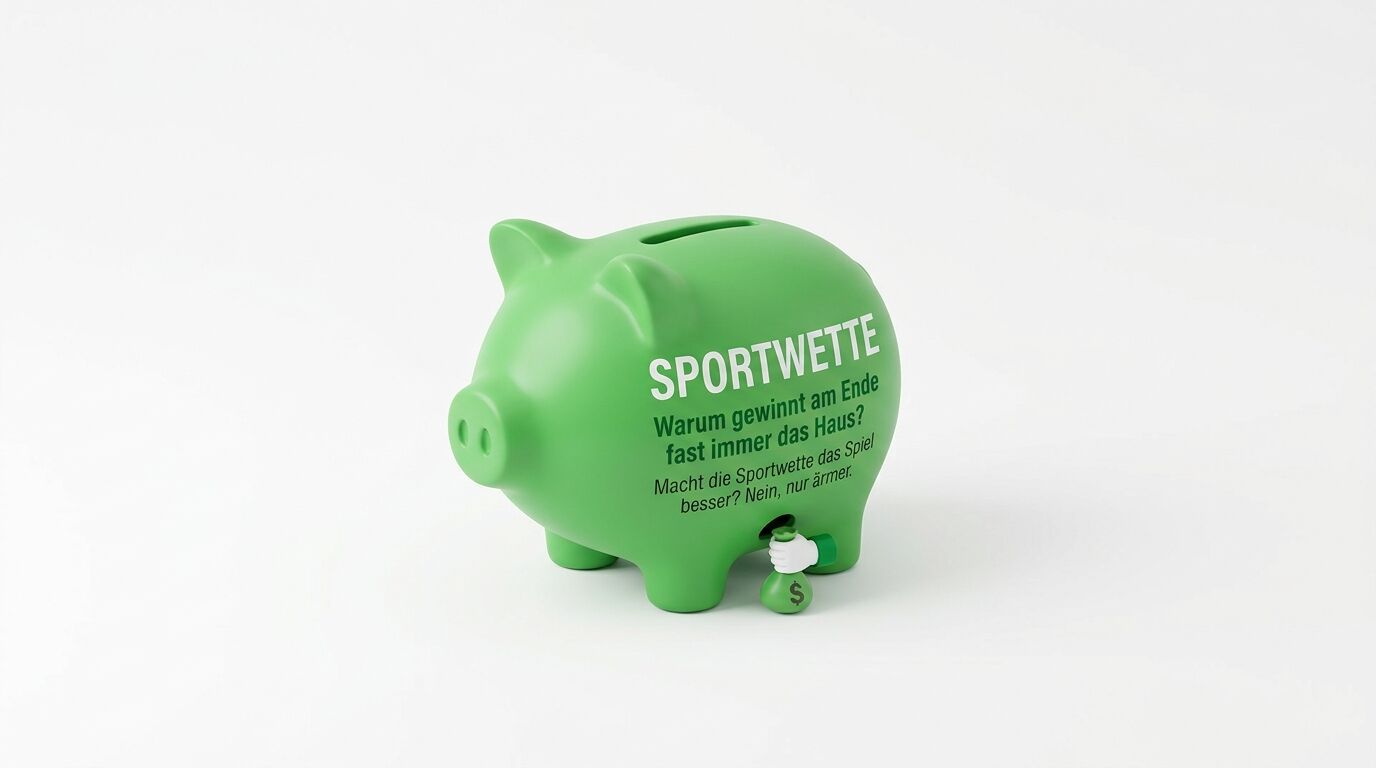 Grünes Sparschwein mit der Aufschrift „Sportwette“. Eine Hand zieht unten einen Geldsack heraus