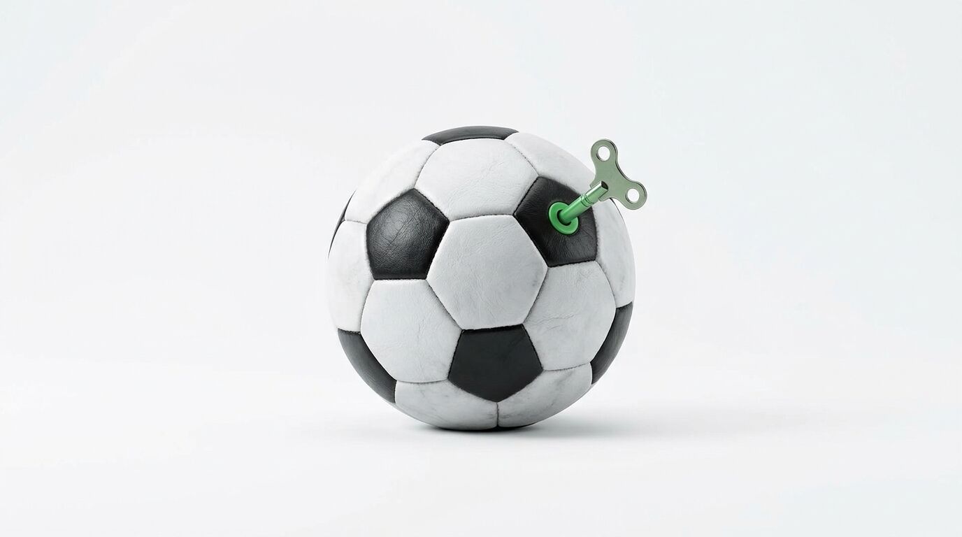 Schwarz-weißer Fußball mit einem grünen Aufziehschlüssel vor weißem Hintergrund