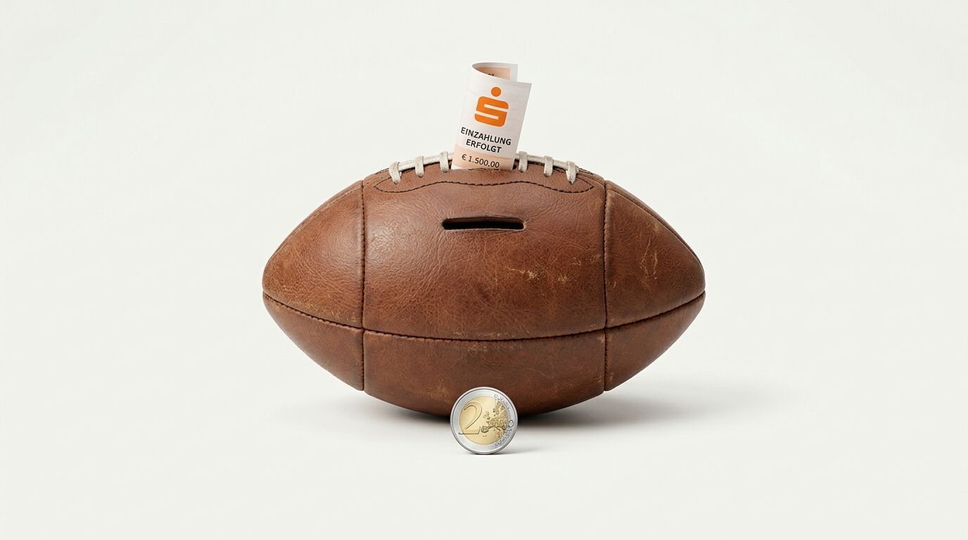 Football-Spardose mit Schlitz, Sparkassen-Beleg oben und 2-Euro-Münze davor