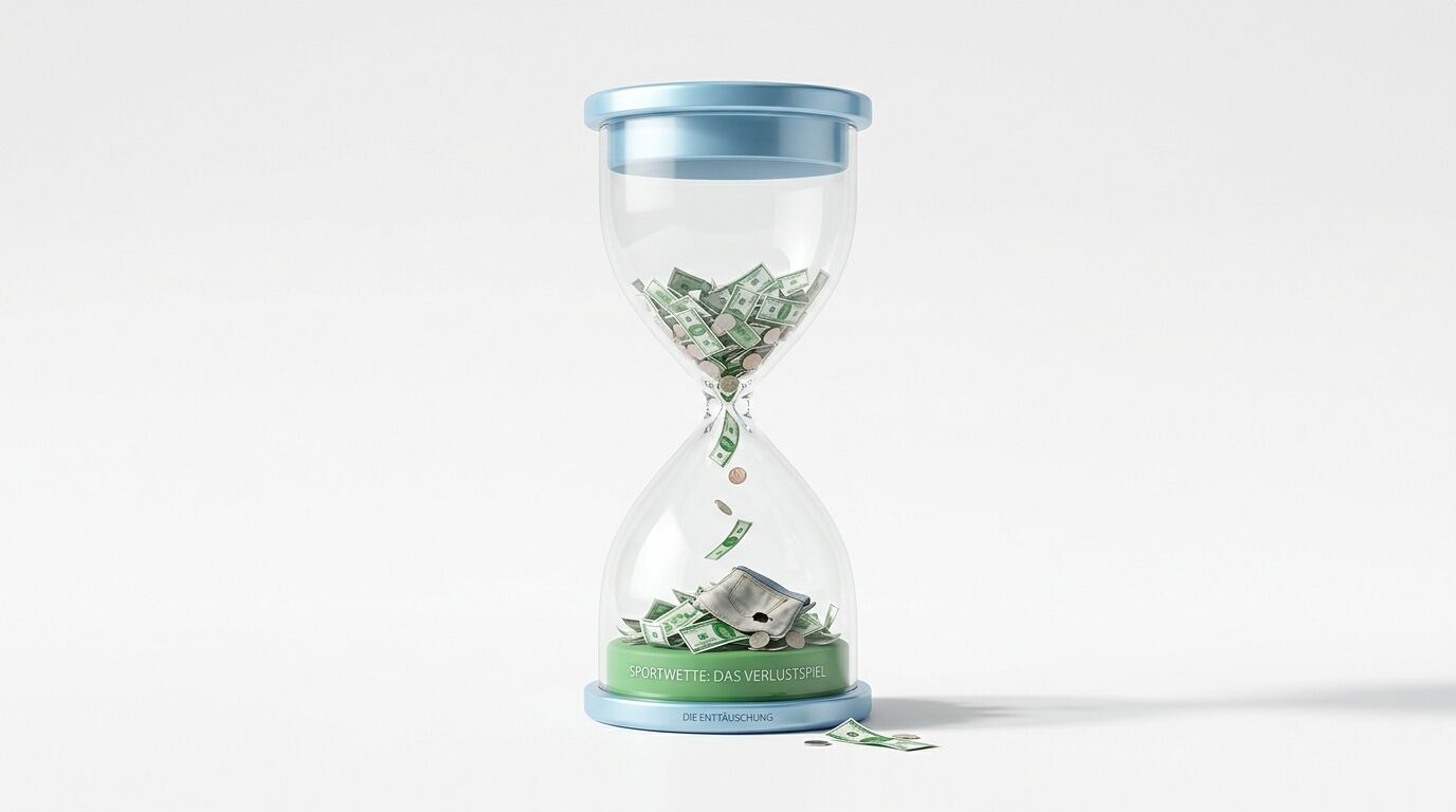 Eine Sanduhr mit fallenden Dollarscheinen und Münzen auf weißem Grund