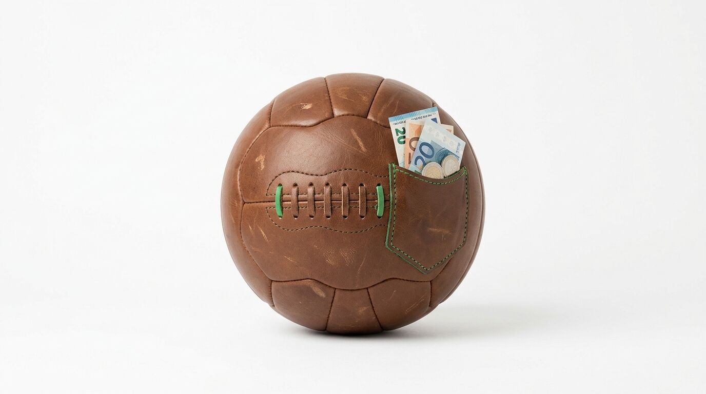 Ein brauner Lederball mit Schnürung hat eine Tasche mit Geld vor weißem Hintergrund