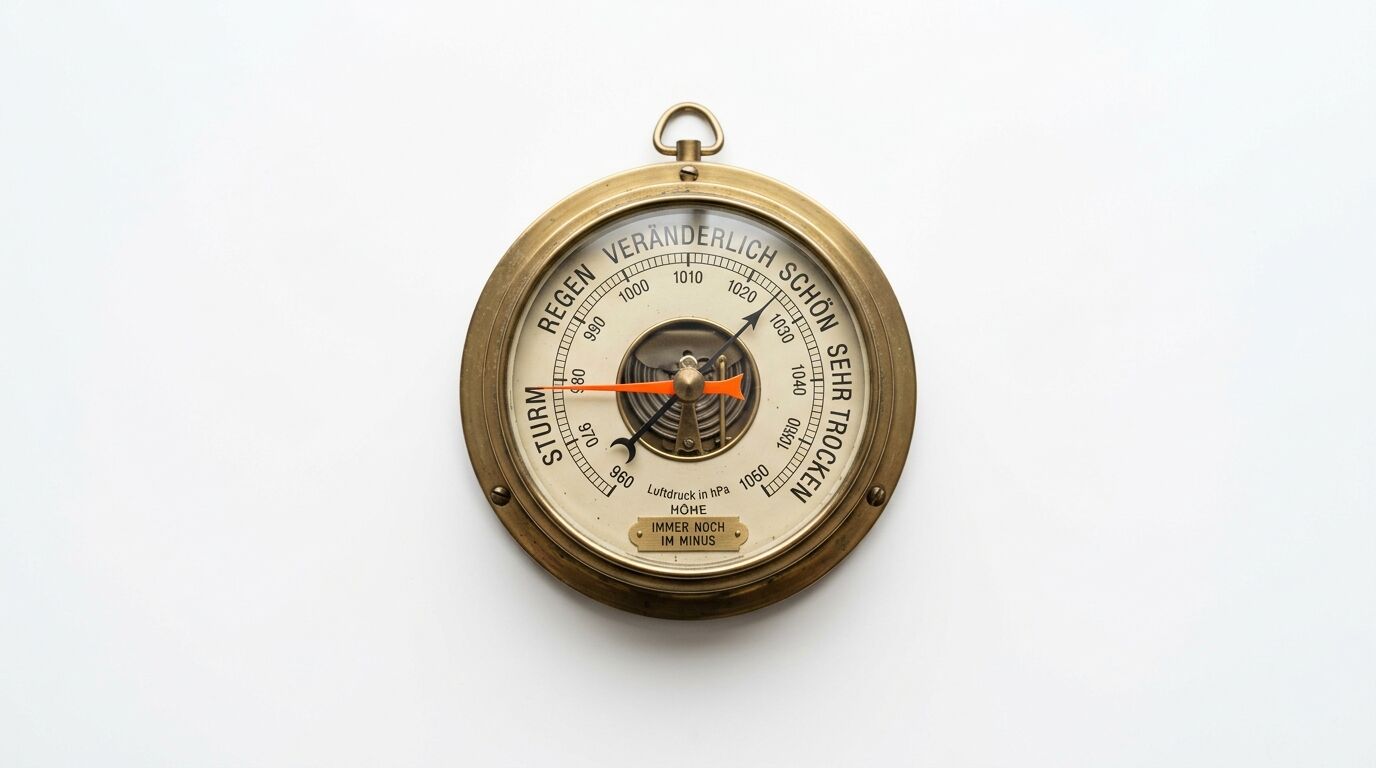 Ein klassisches Barometer in einem runden Gehäuse aus poliertem Messing mit einem Zifferblatt, das mit einer Glasplatte abgedeckt ist. In der Mitte ist ein metallischer Mechanismus zu sehen, von dem ein oranger Zeiger und ein schwarzer Zeiger ausgehen. Der orange Zeiger zeigt im unteren Bereich des Zifferblatts auf einen Punkt links von 970, während der schwarze Zeiger schräg nach oben und rechts auf einen Punkt zwischen 1020 und 1030 zeigt. Das Zifferblatt hat eine kreisförmige Anordnung von Skalenmarkierungen, die am Rand durch gestrichelte Linien getrennt sind. Die Markierungen sind: 