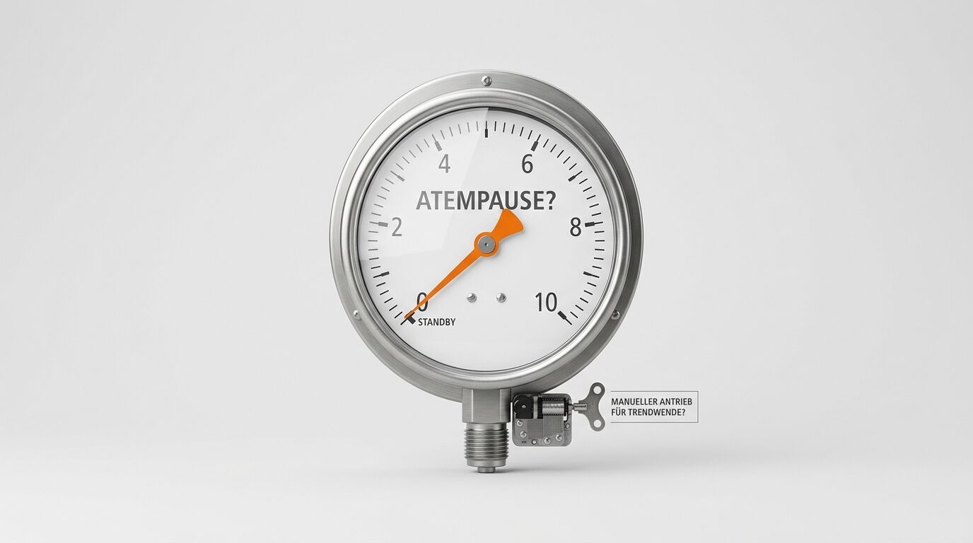 Manometer mit der Aufschrift „ATEMPAUSE?“ und einem Aufziehschlüssel