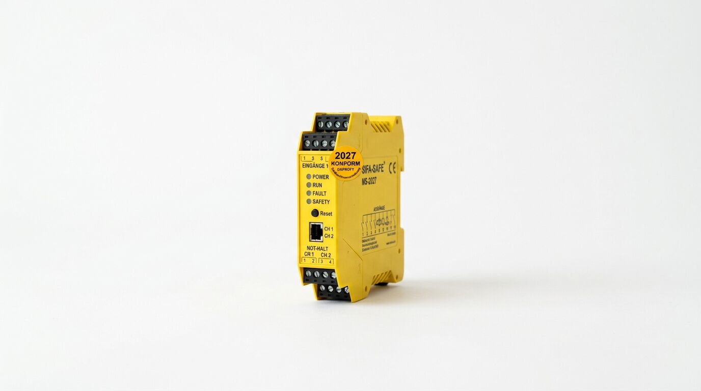 Gelbes Daprofy SIFA-SAFE MS-2127 Sicherheitsrelais mit „2027 Konform“-Aufkleber auf weißem Grund
