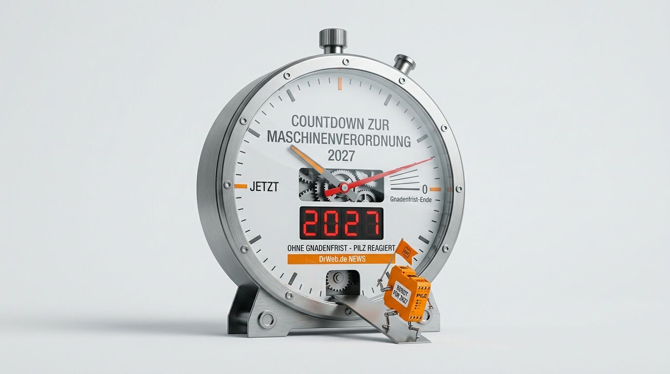 Stoppuhr-Grafik mit Countdown zur Maschinenverordnung 2027 und kleiner Pilz-Roboterfigur