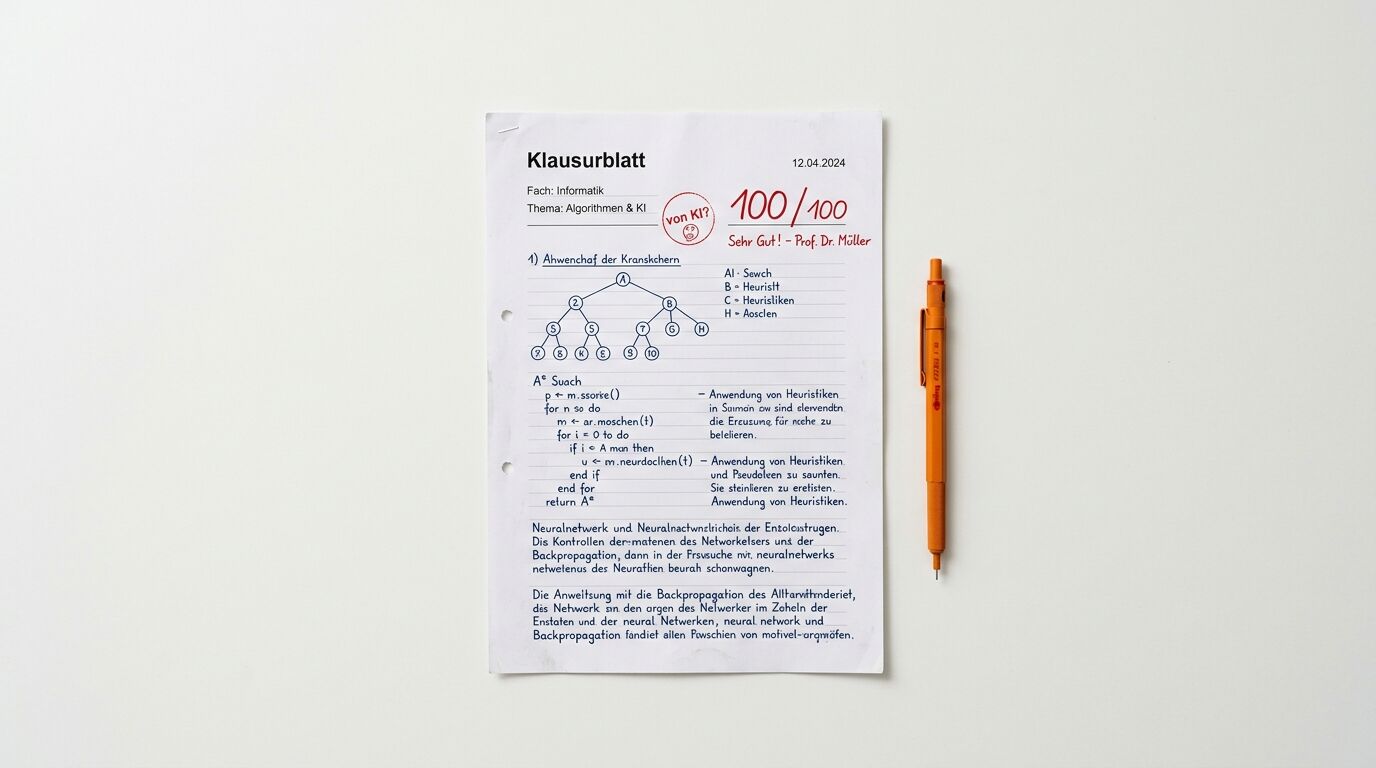 Benotetes Klausurblatt mit Diagramm und Pseudocode sowie ein oranger Druckbleistift