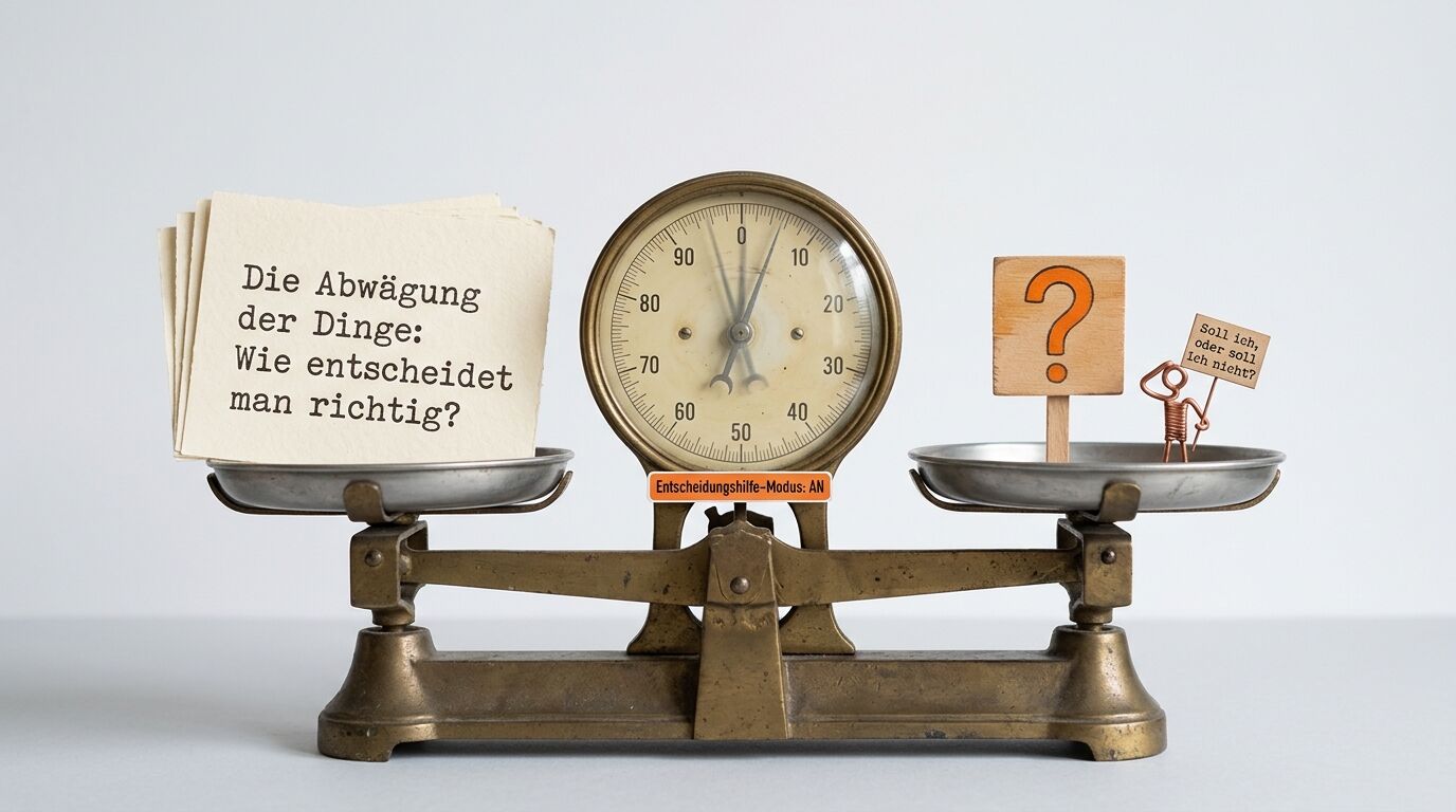 Eine alte Waage mit Textkarten und einem Fragezeichen symbolisiert Entscheidungsprozesse