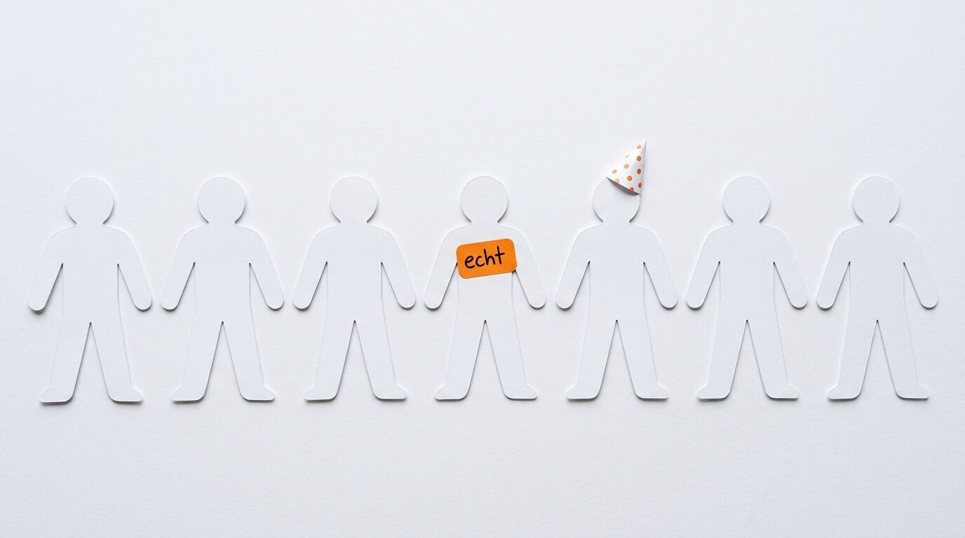 Sieben Papierfiguren in Reihe, eine mit Hut, eine mit orangefarbenem Aufkleber „echt“