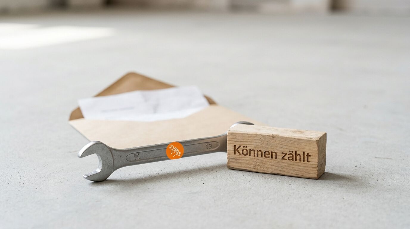 Schraubenschlüssel auf Holzblock mit Text, dahinter ein geöffneter Briefumschlag