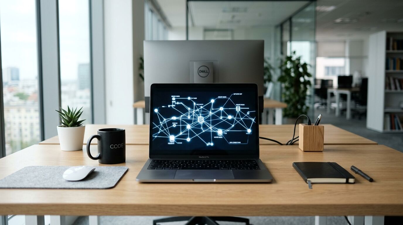 Arbeitsplatz mit offenem Laptop auf dem Schreibtisch, zeigt Computernetzwerkgrafik auf dem Bildschirm