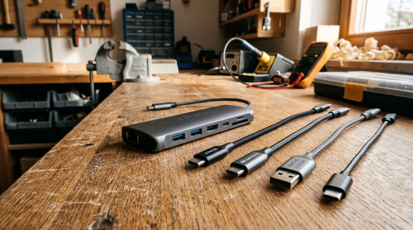 USB-C Hub und verschiedene Kabel liegen auf einer Holzwerkbank in einer Werkstatt