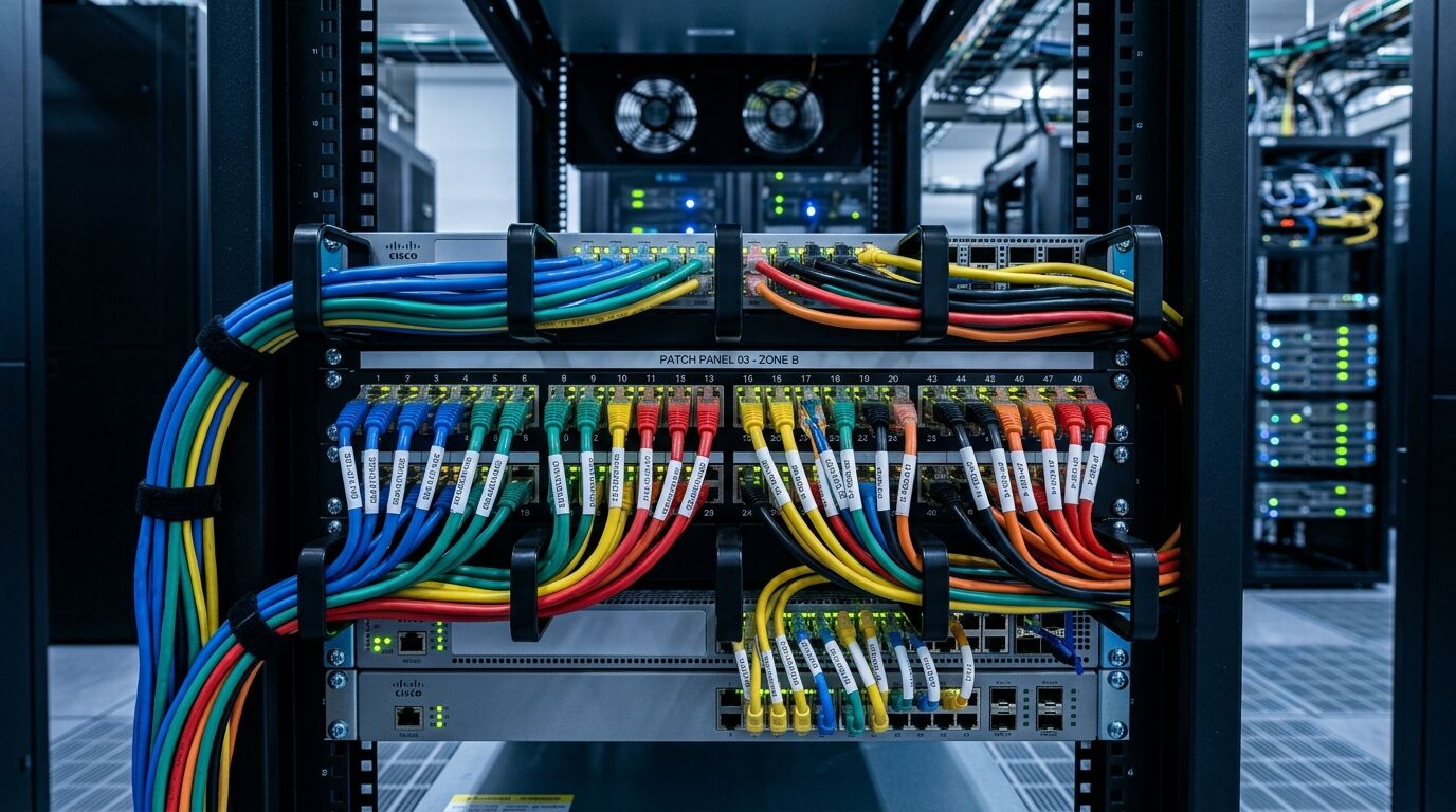 Ein Server-Rack mit ordentlich beschrifteten, bunten Patchkabeln und Netzwerkgeräten