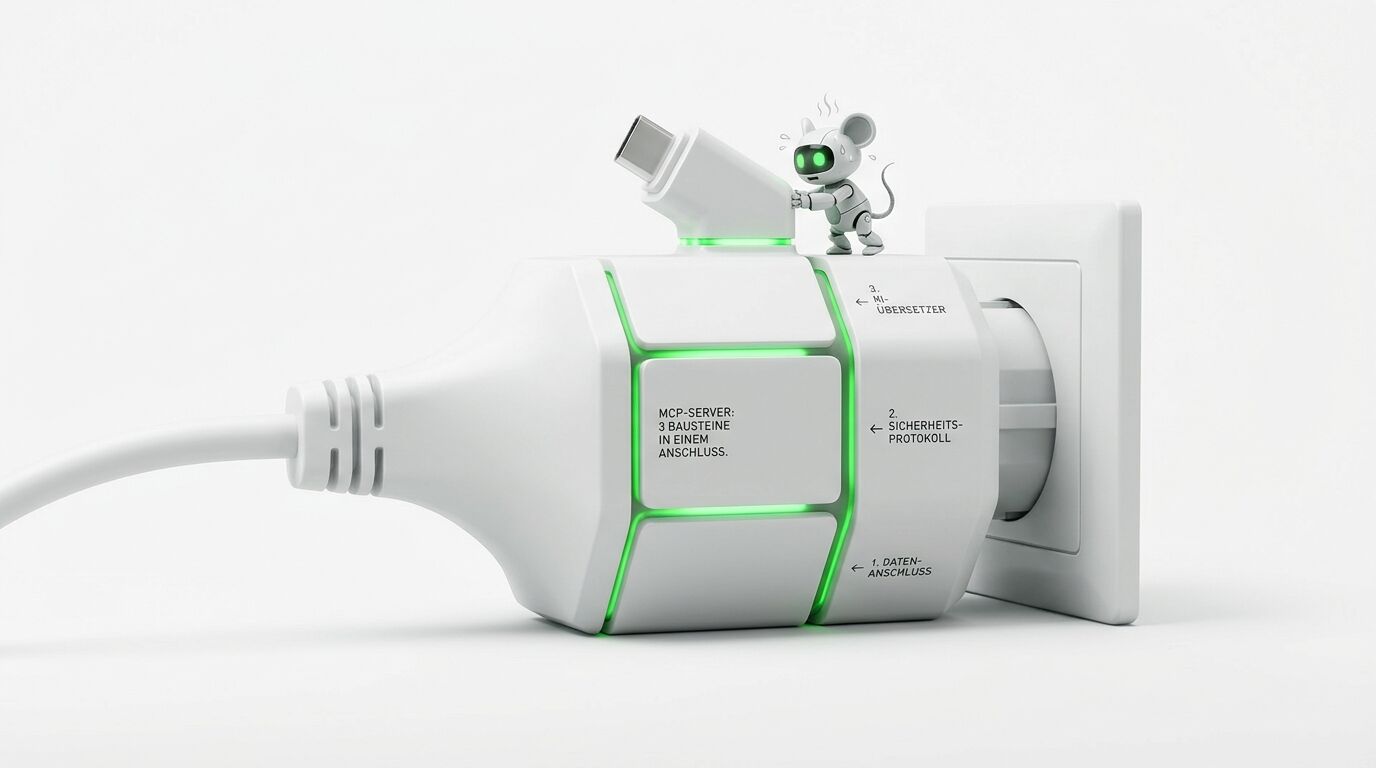 Weißer MCP-Stecker mit grünen Lichtern, kleinen Maus-Robotern an USB-C, steckt in Steckdose
