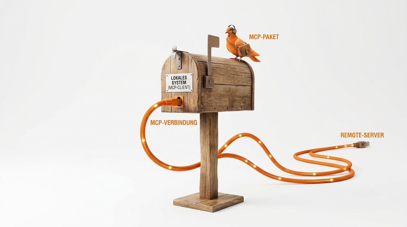 Metaphorische Darstellung eines lokalen Systems (Briefkasten), verbunden per MCP mit einem Remote-Server