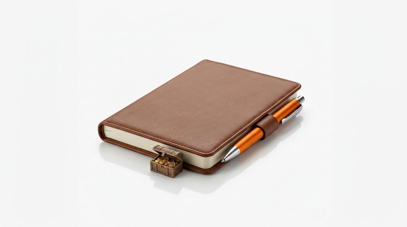 Ein braunes Notizbuch, ein orangefarbener Kugelschreiber und eine kleine Schatztruhe