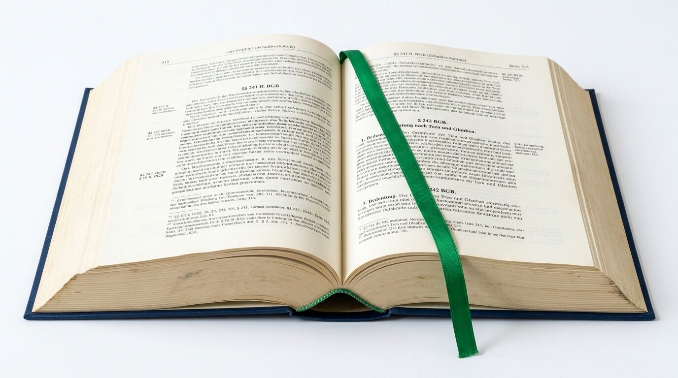 Geöffnetes, gebundenes Gesetzesbuch mit grünem Lesezeichen vor weißem Hintergrund