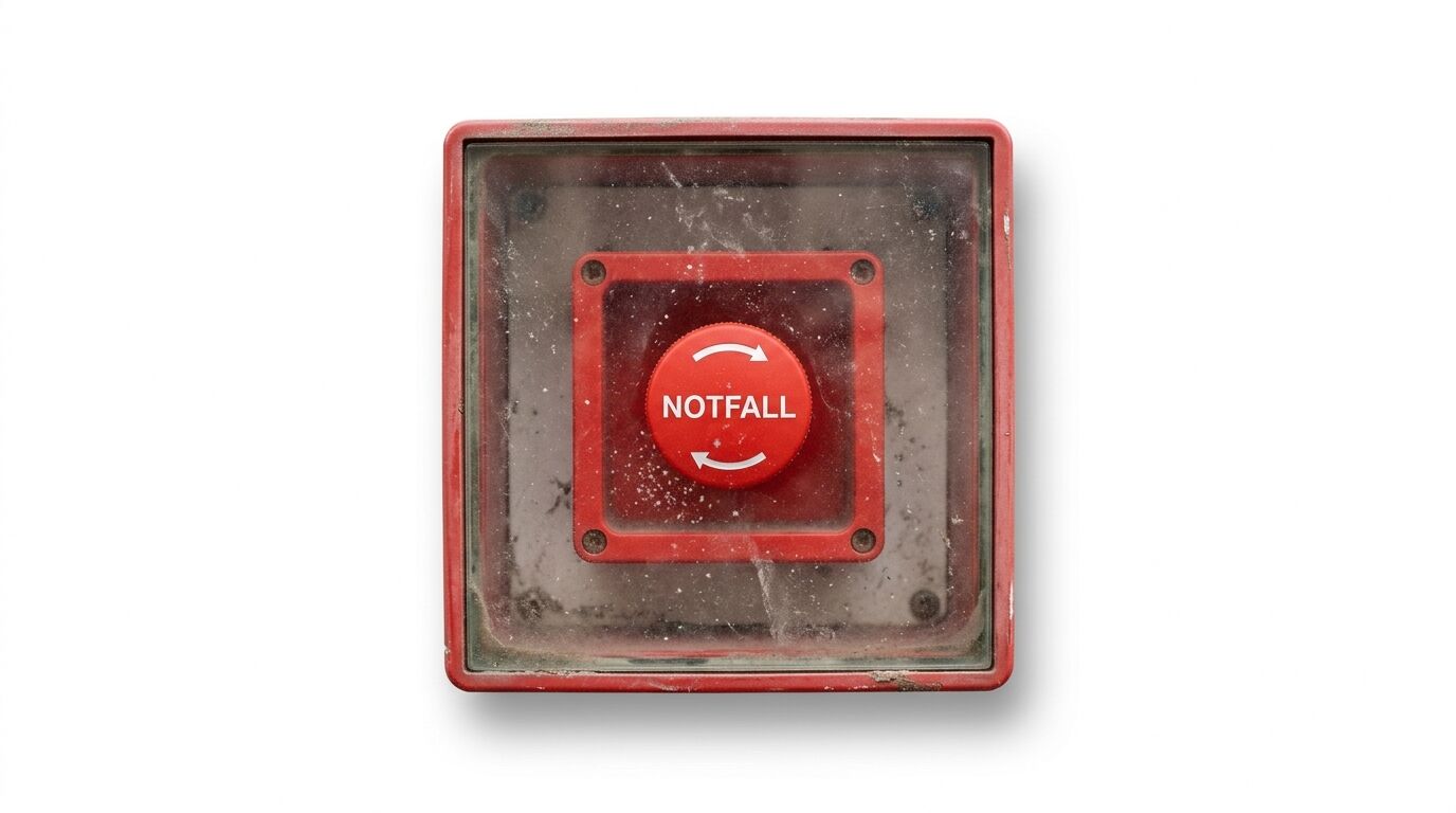 Roter Notfallknopf hinter Glas in einem Gehäuse auf weißem Hintergrund