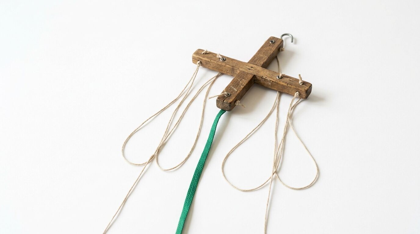 Ein hölzernes Marionettenkreuz mit mehreren Schnüren und einem grünen Band auf weißem Grund