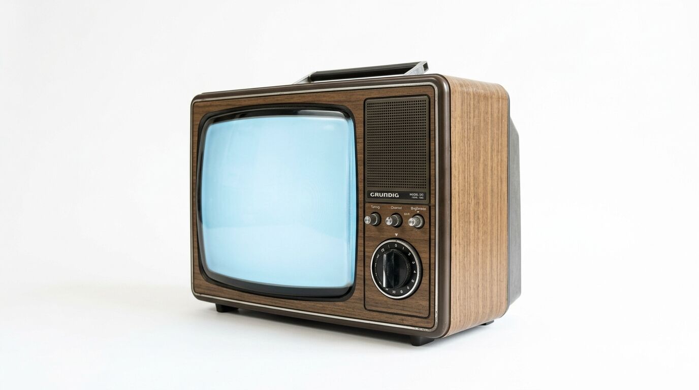 Alter Grundig Röhrenfernseher in Holzoptik mit hellblau leuchtendem Bildschirm
