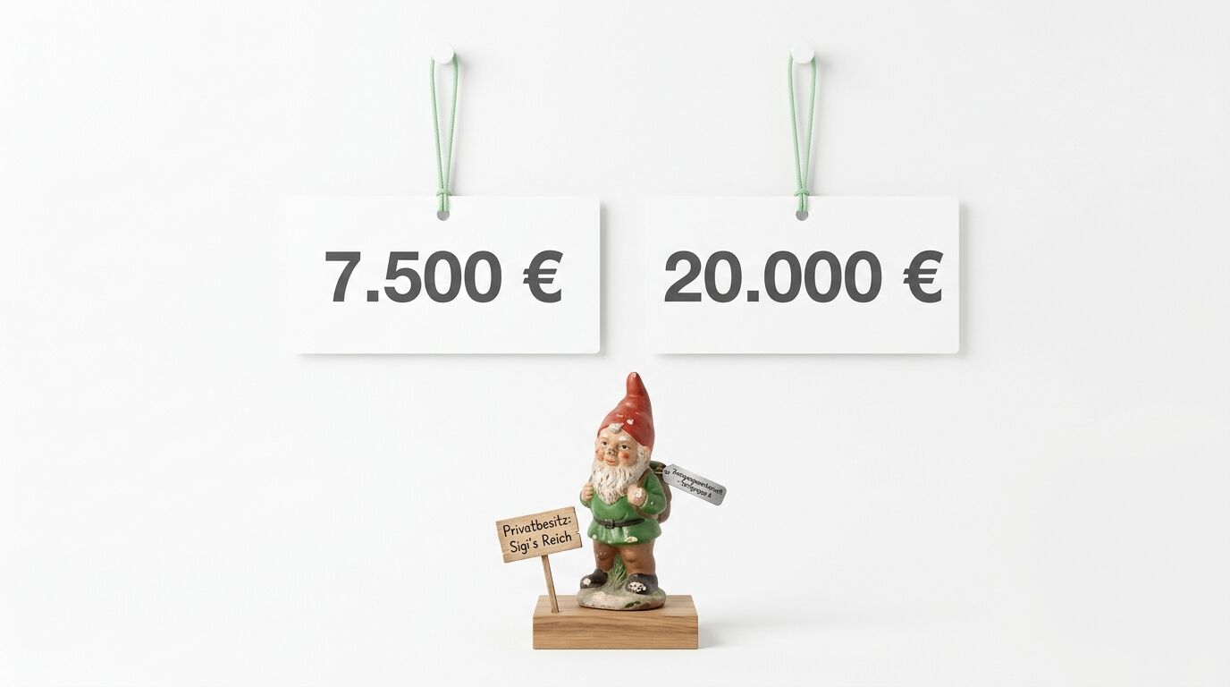 Gartenzwergfigur, darunter Holzständer mit Holzschild mit Aufschrift „Privatbesitz: Sigi‘s Reich“ in der unteren Mitte, sowie zwei weiße Papiertags mit grauer Aufschrift „7.500 €“ und „20.000 €“ an der hellgrünen Schnur im oberen Bereich eines weißen Hintergrunds in Frontalansicht