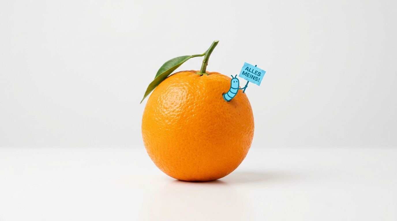 Orange mit Stiel und Blatt; blaue Comicfigur hält Schild „ALLES MEINS!“ darauf