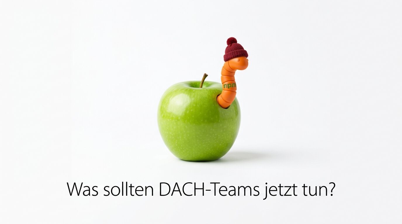 Grüner Apfel mit npm-Wurm und roter Mütze, darunter deutscher Text