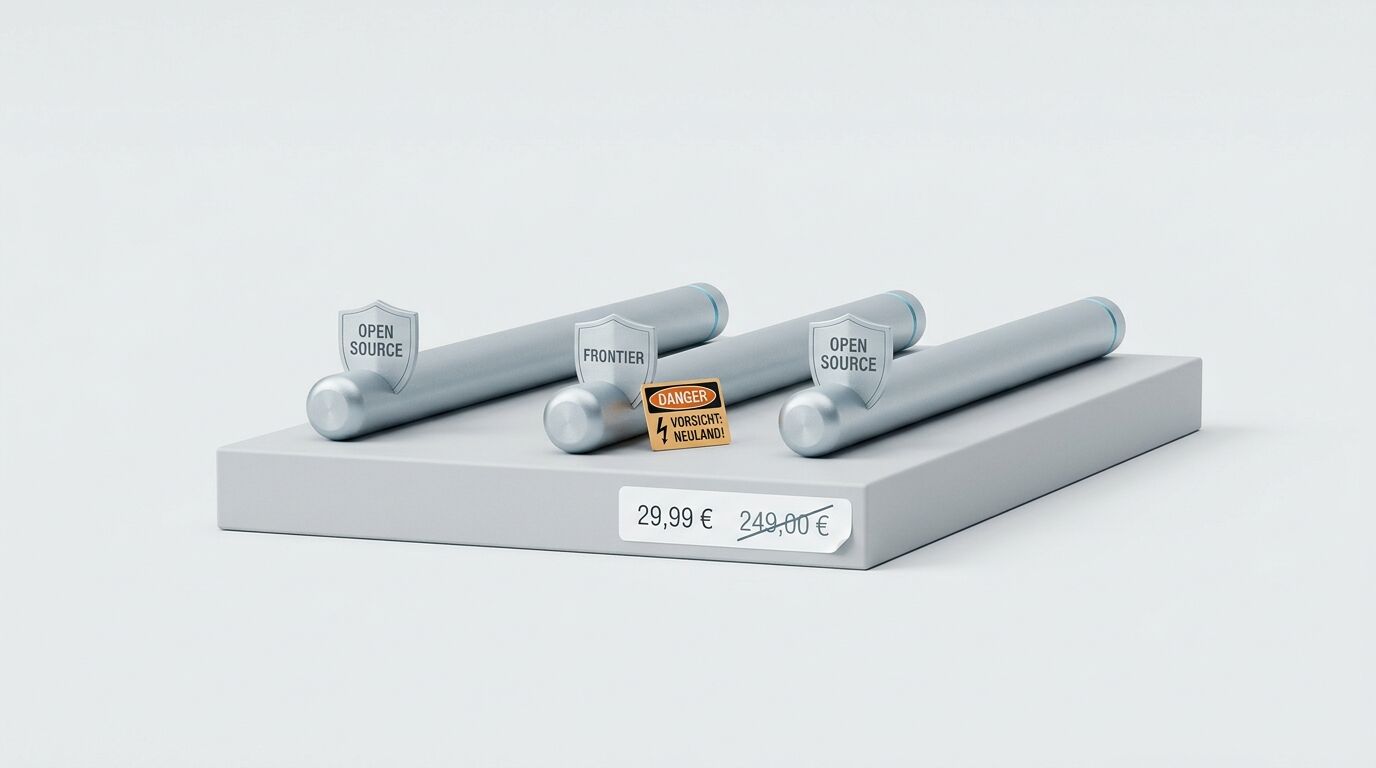 Drei Metallstifte mit Schildern und Preisetikett (29,99€) auf grauem Sockel