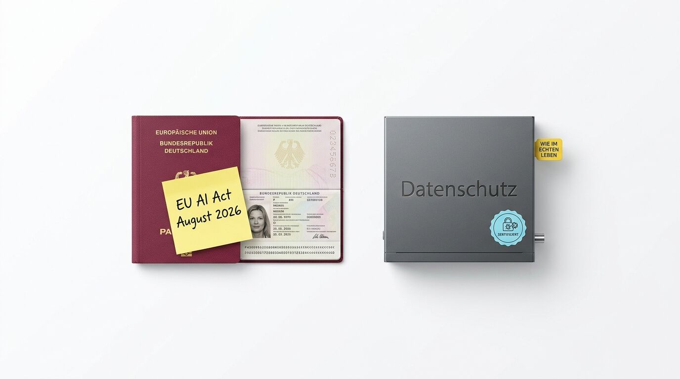 Ein deutscher Pass und ein Kasten mit Aufschrift „Datenschutz“