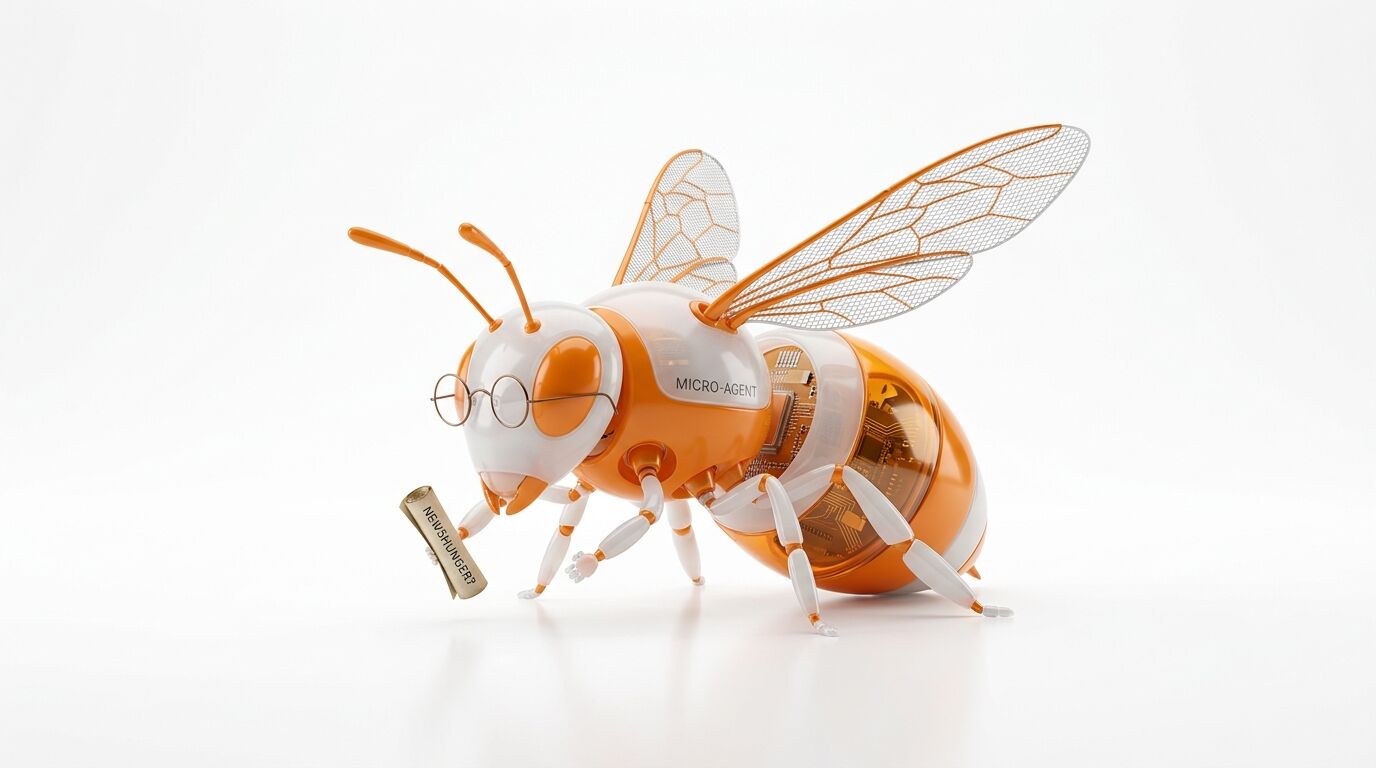 Eine orange-weiße Roboterbiene mit Brille und Zeitung vor weißem Hintergrund