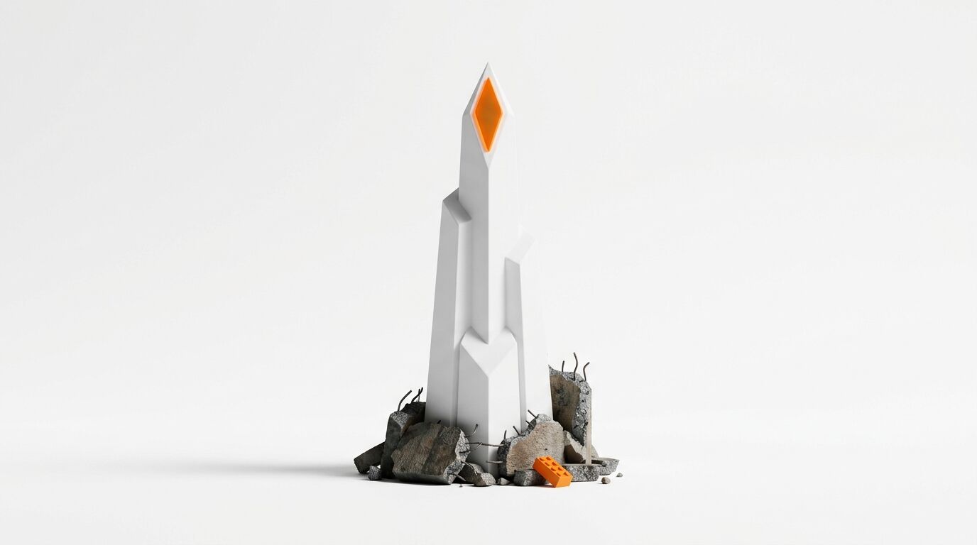 Weißer Turm mit orangefarbenem Licht auf Trümmern vor weißem Hintergrund