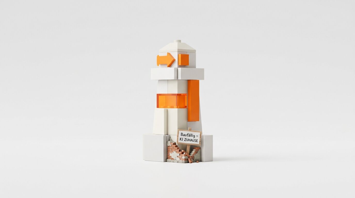 Ein Leuchtturm-Modell aus Legosteinen mit einer Hinweistafel vor weißem Hintergrund