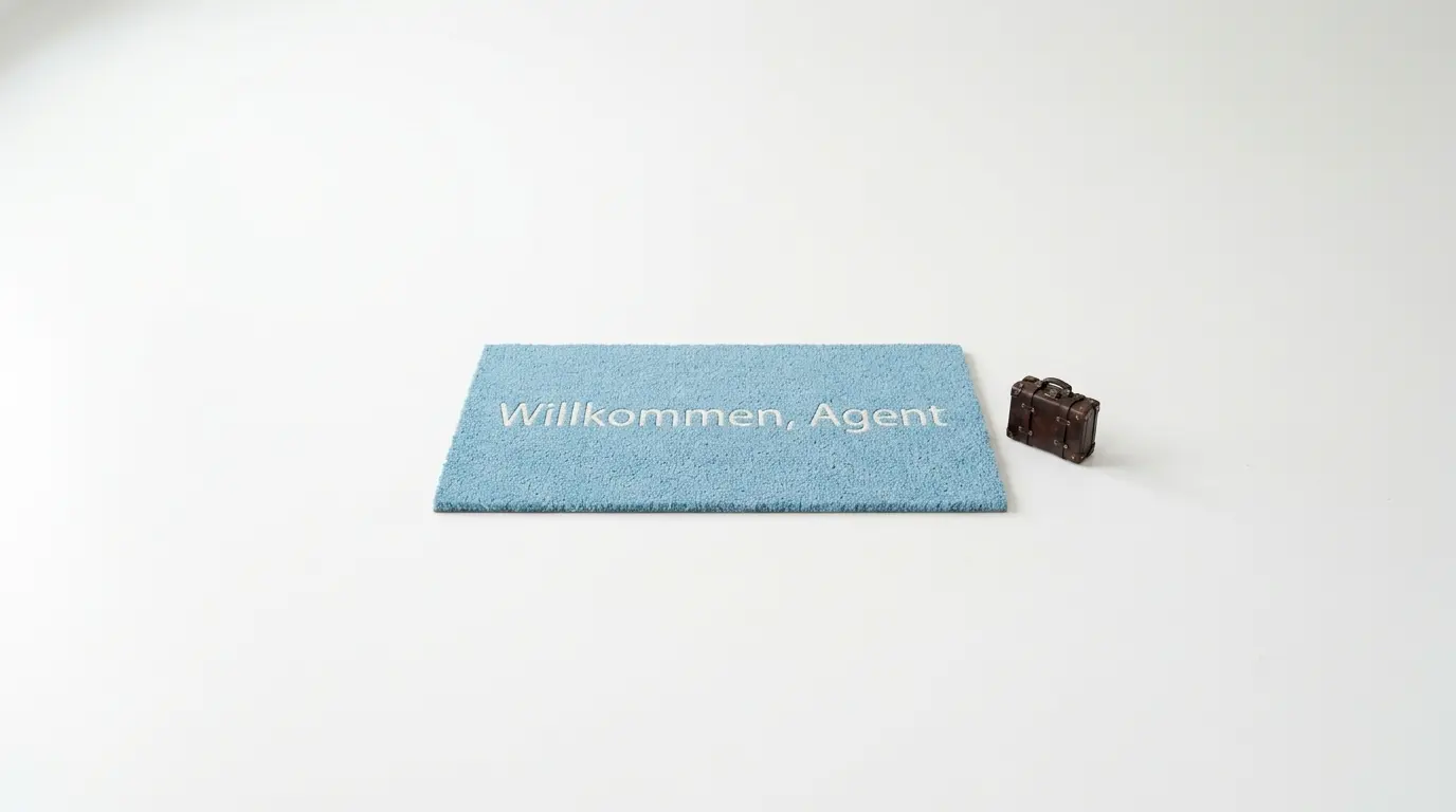 Blaue Fußmatte mit Text „Willkommen, Agent“ und kleiner brauner Koffer auf weißem Boden