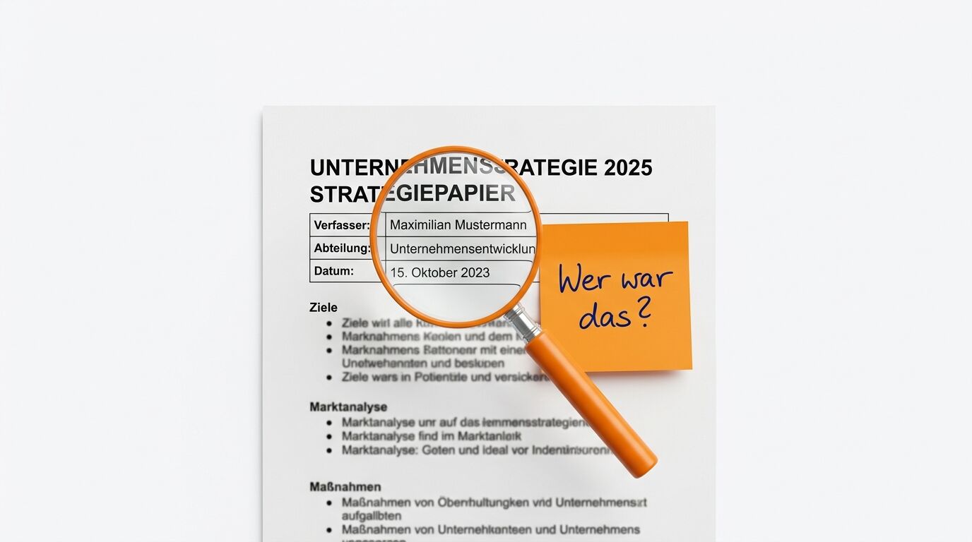 Strategiepapier mit Lupe und Post-it „Wer war das?“ auf weißem Hintergrund