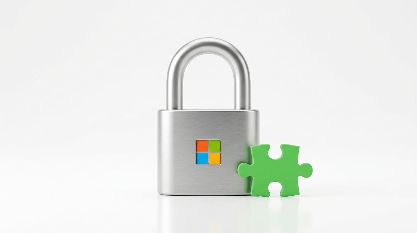 Vorhellem Hintergrund ein Vorhängeschloss mit vierfarbigem Logo und davor ein grünes Puzzleteil