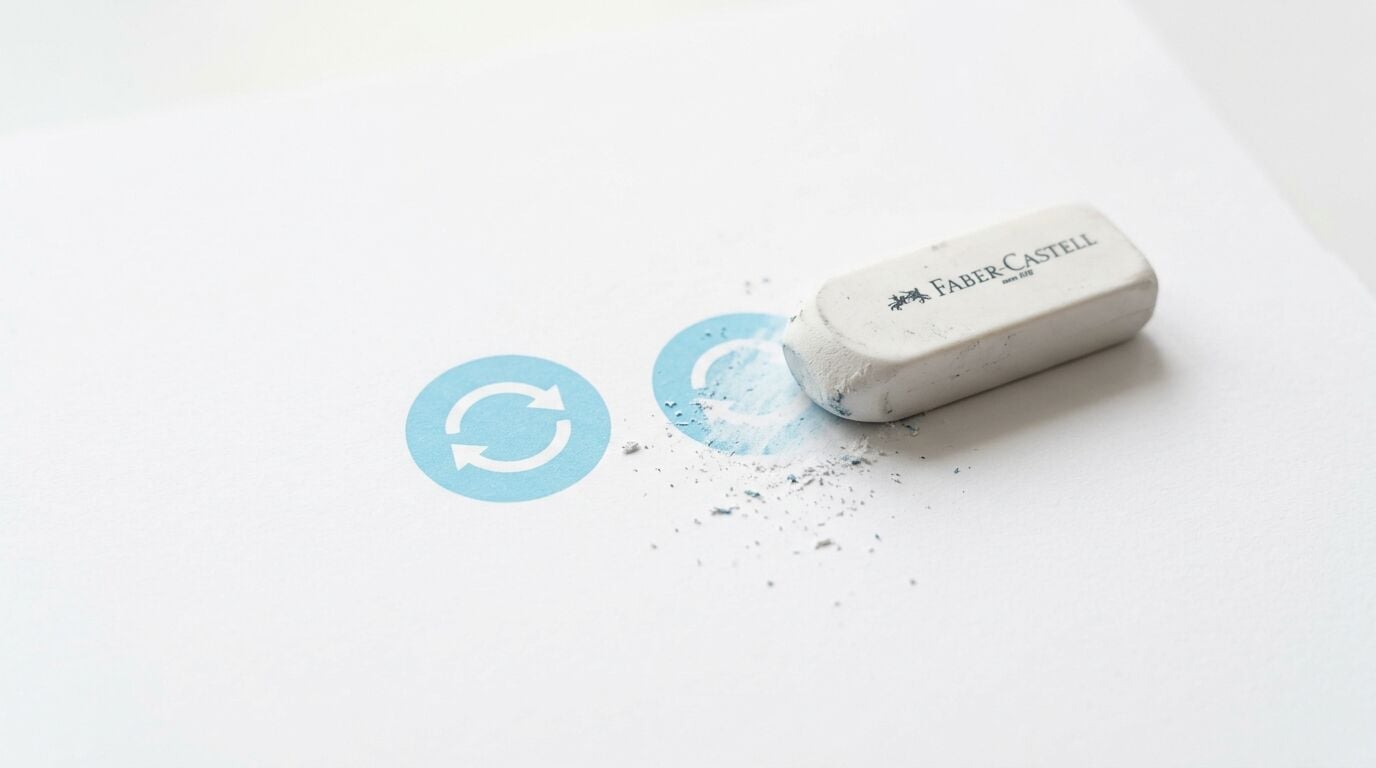Faber-Castell-Radiergummi löscht einen von zwei hellblauen Recycling-Kreisen auf weißem Papier