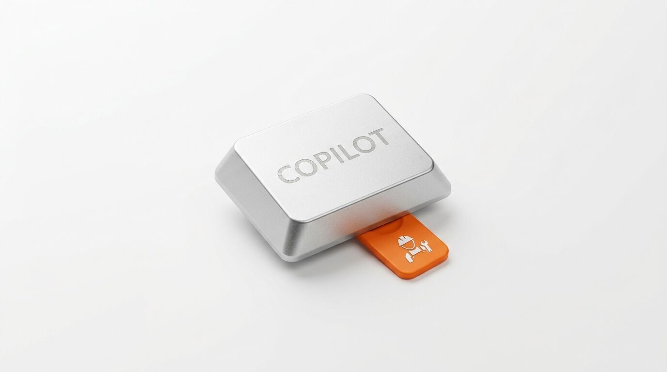 Eine silberne Taste mit der Aufschrift „COPILOT“ und einem herausgezogenen orangen Symbol
