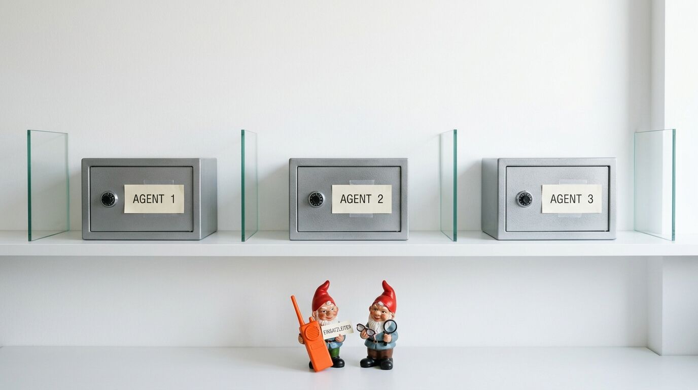 Zwei Gartenzwerge vor einem Regal mit drei beschrifteten Safes