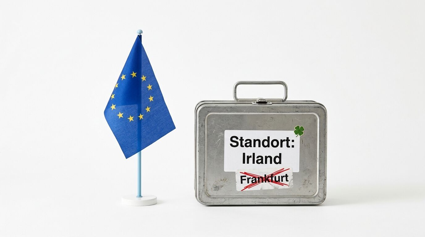 EU-Flagge neben einem Koffer mit dem Schriftzug Standort: Irland und durchgestrichenem Frankfurt