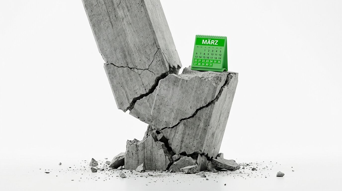 Zerbrochene Betonsäule, auf der ein kleiner grüner Tischkalender (März) steht