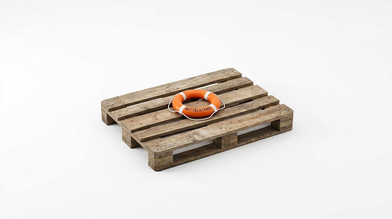 Holzpalette mit Rettungsring, beschriftet „MITTELSTAND“, auf weißem Grund