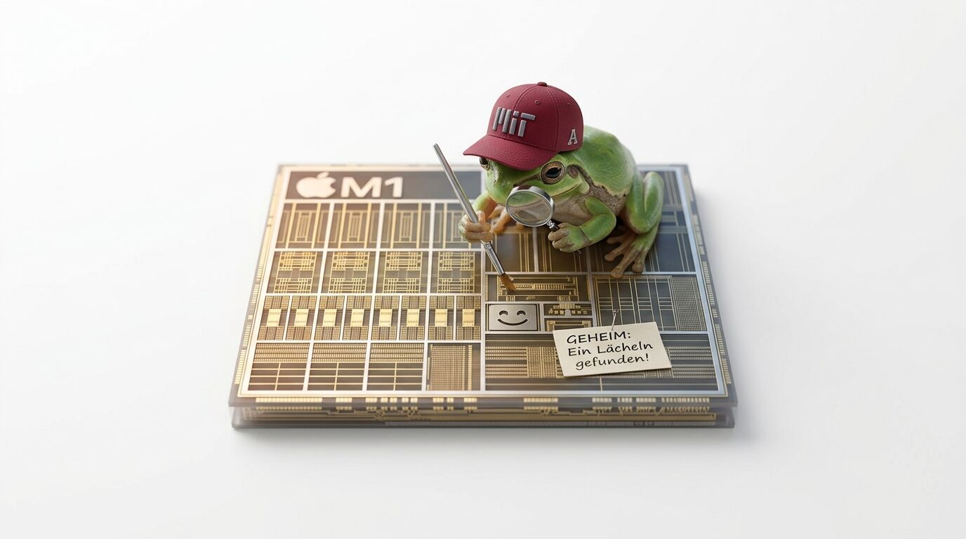 Frosch mit MIT-Kappe und Lupe findet Smiley-Muster auf einem Apple M1-Chip