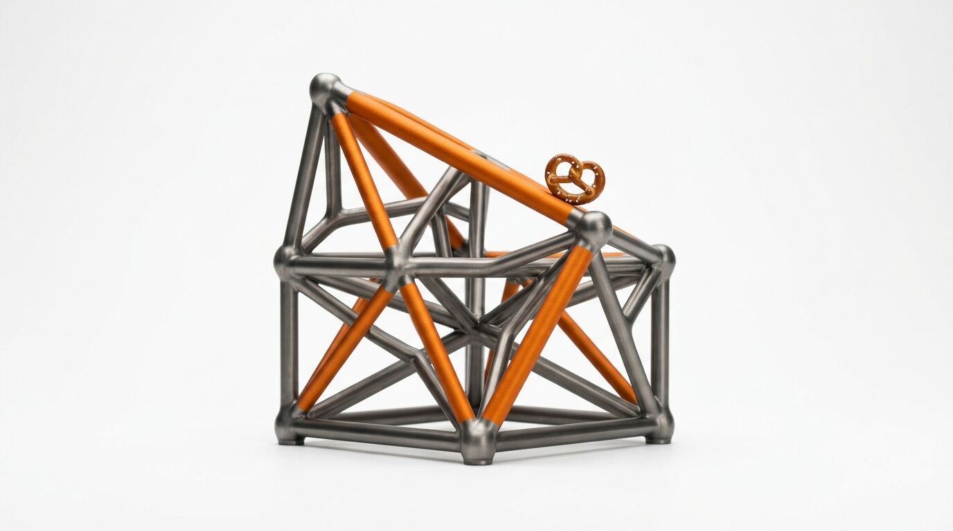 Gitterstruktur in Orange und Silber mit Mini-Brezel auf weißem Grund