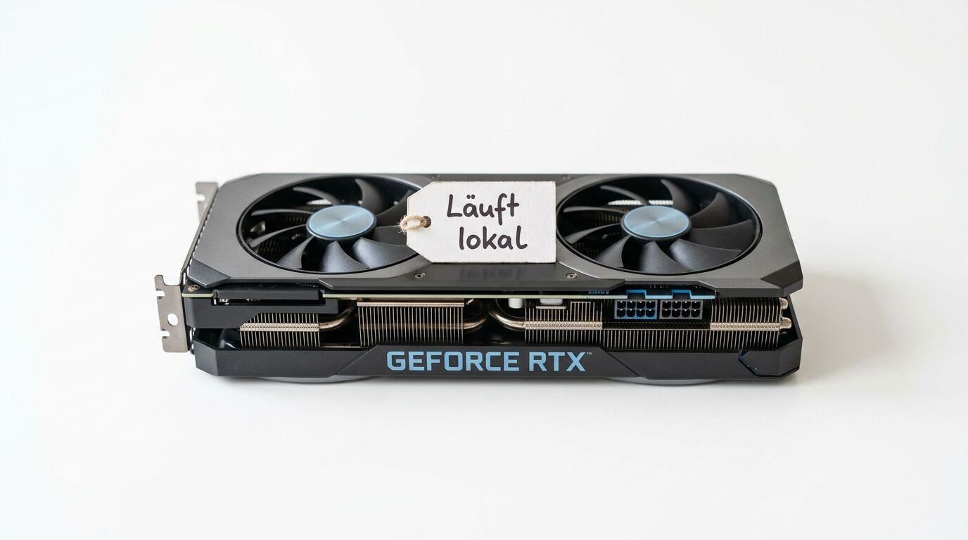 Eine GeForce RTX Grafikkarte mit zwei Lüftern und einem Etikett „Läuft lokal“